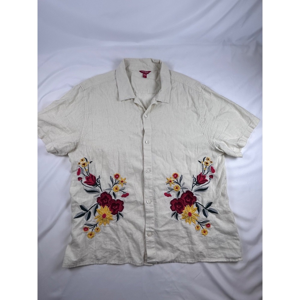 Guess Embroidered Mens L Shirt Floral Camp Button Up Vintage Look Cruise Beach